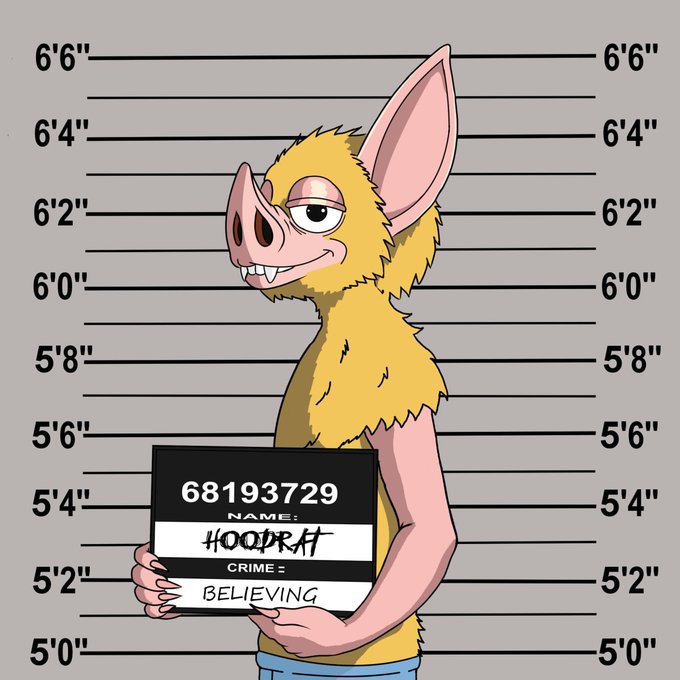 A cartoon illustration of a yellow furry pig-like creature in a mugshot, holding a sign with the name 'HOODRAT' and the crime 'BELIEVING'.