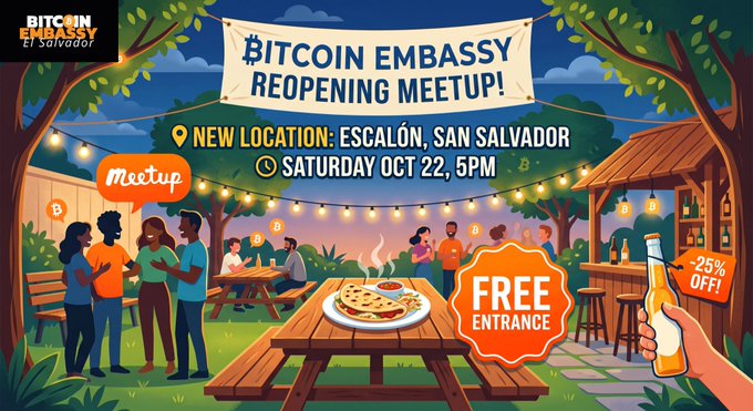 Colorful illustrated event flyer for the 'Bitcoin Embassy Reopening Meetup' in Escalón, San Salvador on Saturday October 22 at 5PM, advertising free entrance and 25% off, with a Bitcoin Embassy El Salvador logo.