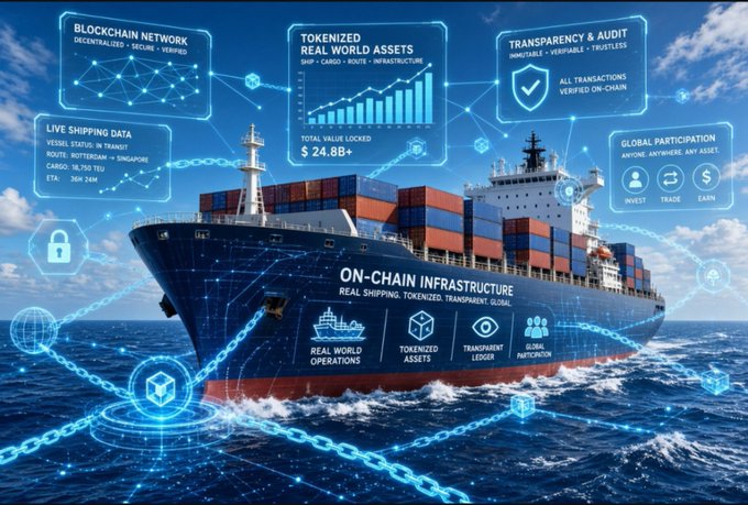 A digital illustration of a container ship overlaid with blockchain graphics, showing sections for 'BLOCKCHAIN NETWORK', 'TOKENIZED REAL WORLD ASSETS' (Total Value Locked $24.8B+), and 'TRANSPARENCY & AUDIT'.