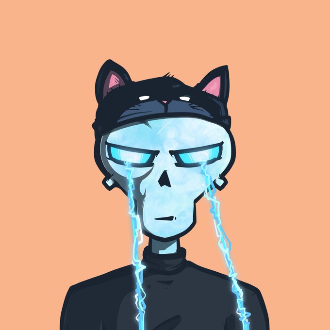 A digital illustration of a skull-faced character wearing a black cat-ear beanie, with glowing blue energy tears streaming from its eyes against a peach background.