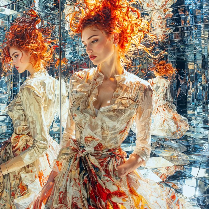A vibrant digital artwork of a red-haired woman in a flowing dress surrounded by mirrors creating multiple reflections.