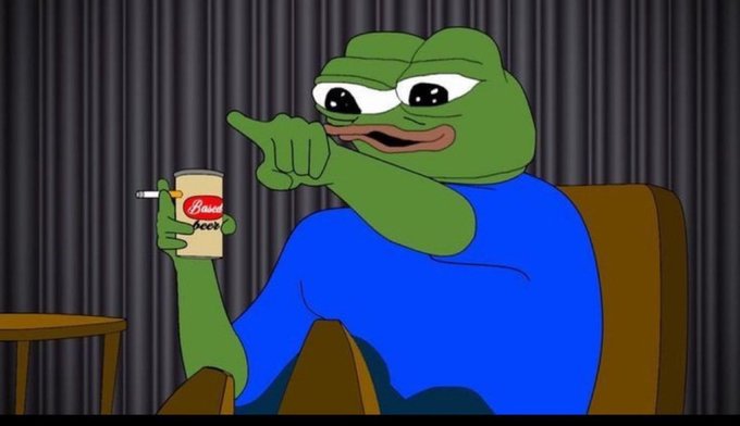 An animated Pepe the Frog character wearing a blue shirt sits in a chair, holding a cup labeled 'Based' in one hand while pointing with the other.