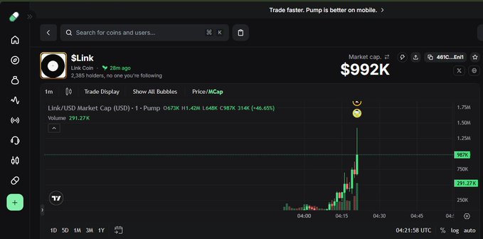 A trading platform interface (DexScreener) displaying the $Link coin's USD market cap chart, currently at $992K, with a recent spike visible in the price graph.