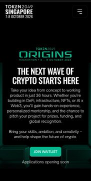The image is a promotional graphic for TOKEN2049 Singapore (October 7–8, 2026), featuring the "ORIGINS: THE NEXT WAVE OF CRYPTO STARTS HERE" 36-hour hackathon for Web3 builders working on DeFi, infrastructure, NFTs, and AI × Web3 projects. It includes a "JOIN WAITLIST" call-to-action and aligns with the post announcing Pi Network as a supporter of the event, which runs October 6–8, 2026 with a $100,000 prize pool and 160 participants.