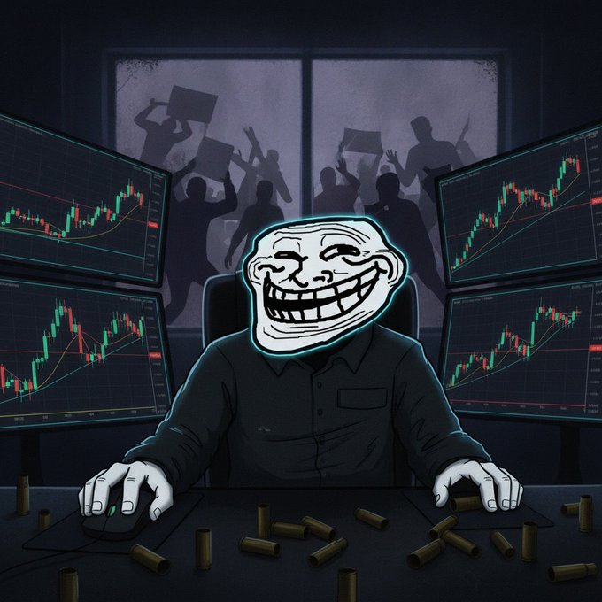 An illustration of a Trollface meme character sitting at a desk with multiple monitors showing stock charts, surrounded by bullet casings, with rioters visible through the window behind.
