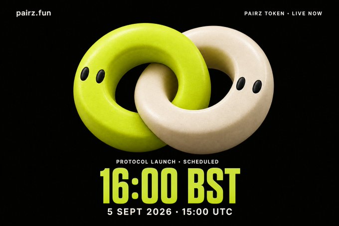 Promotional graphic for Pairz featuring two interlocked 3D ring characters (a green and a cream donut, each with two small black eyes) on a black background, advertising the "PROTOCOL LAUNCH" at "16:00 BST / 15: UTC" on "5 SEPT 2026," with the $PAIRZ ticker noted as "LIVE NOW." The visual pairs two friendly rings—mirroring the platform's "pair" concept—and highlights the scheduled launch time referenced in the accompanying post.