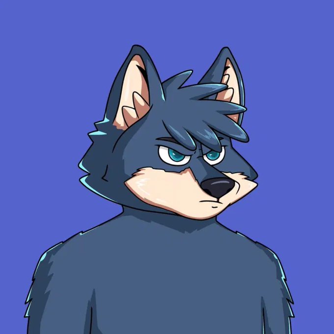 A furry/anime-style illustration of a dark blue wolf or canine character with blue eyes, looking slightly to the side against a solid purple background.