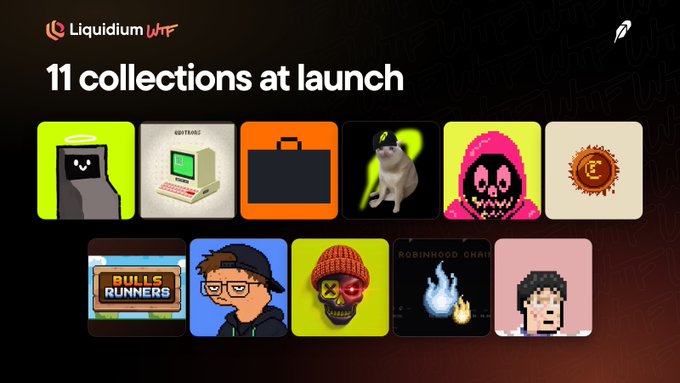 A 'Liquidium WTF' promotional graphic advertising '11 collections at launch' displaying 11 NFT thumbnails including characters, items, and artwork.