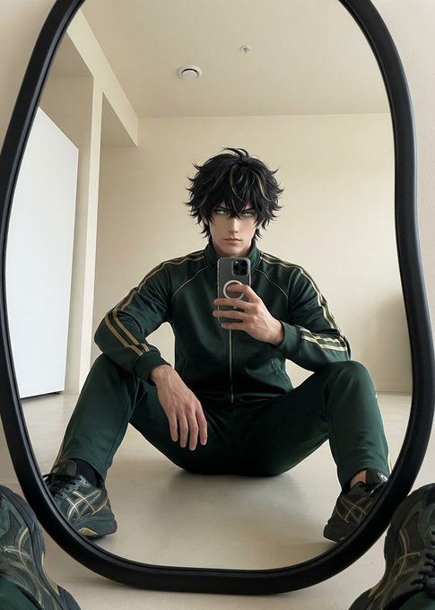 A male cosplayer sits on the floor taking a mirror selfie while dressed in a dark green tracksuit, portraying a character with messy black hair.