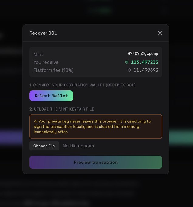 A screenshot of a "Recover SOL" interface showing a mint address "H74CYmXg...pump" with a potential recovery of 103.497233 SOL minus an 11.499693 platform fee. The image relates to the post by illustrating a Solana token recovery tool that could reclaim leftover SOL from the "pump" token, addressing the author's concern about whether solrecovery.sol is safe to use.