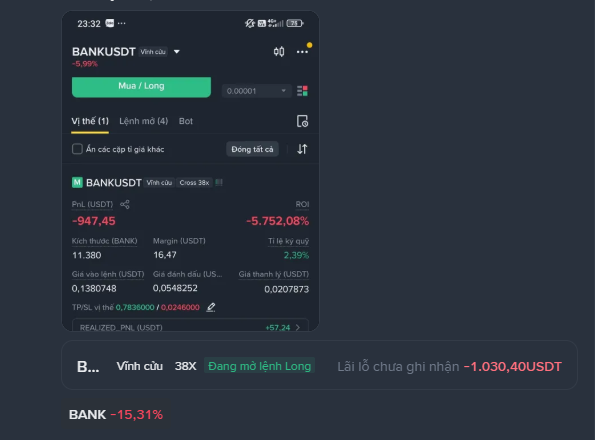 A Binance trading interface showing a leveraged long position on BANKUSDT with a 38x multiplier, currently displaying an unrealized loss of -1,030.40 USDT and a -5.99% price decline.
