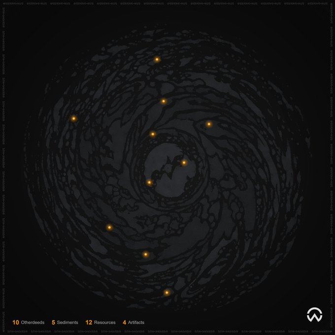 A dark, abstract circular artwork with glowing orange dots and text reading '10 Otherdeeds, 5 Sediments, 12 Resources, 4 Artifacts' with an 'Otherside' logo.