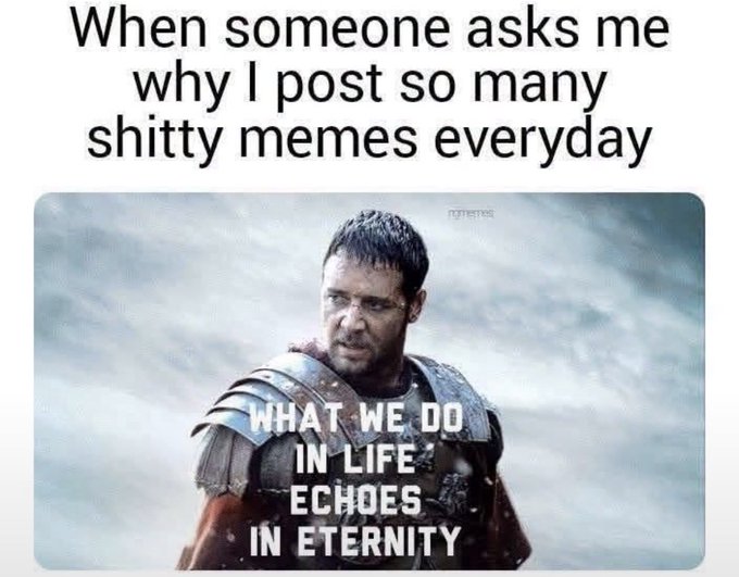 A meme featuring Russell Crowe as Maximus from Gladiator with the text 'WHAT WE DO IN LIFE ECHOES IN ETERNITY,' captioned above with 'When someone asks me why I post so many shitty memes everyday.'