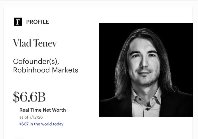 A Forbes-style profile of Vlad Tenev, Cofounder of Robinhood Markets, showing a black-and-white headshot and a real-time net worth of $6.6B, ranked #607 in the world as of 7/12/26.