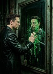 A man in a black leather jacket presses his hand against a glowing green digital display in a dark doorway, reminiscent of the Matrix film.
