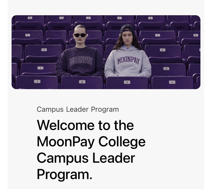A promotional graphic for the MoonPay College Campus Leader Program, showing two young people wearing MoonPay hoodies seated in purple stadium seats.