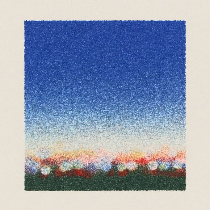 A pointillist-style artwork depicting a twilight cityscape or landscape, with a deep blue sky transitioning to colorful orange and pink hues above a row of glowing bokeh lights and a dark green foreground.