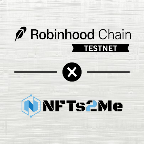 The image features a white background with two logos, one for Robinhood Chain and another for NFTs2Me. The Robinhood Chain logo displays a black bird symbolizing trust and stability, while the NFTs2ME logo has a blue hexagon representing innovation and progress in the world of digital assets. Both logos are placed on a white background with black text that reads "Testnet", indicating their association with Testnet testing and development for blockchain projects.