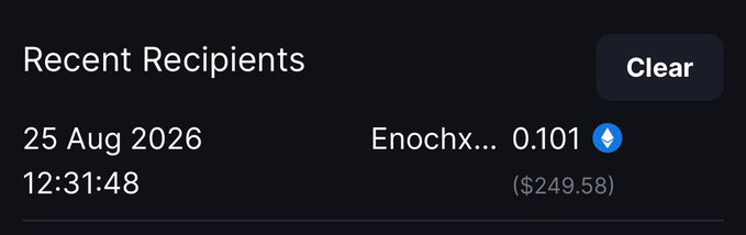 A "Recent Recipients" screen shows that on 25 Aug 2026 at 12:31:48, the username **Enochx…** received **0.101 ETH** (worth **$249.58**), confirming them as a giveaway winner.