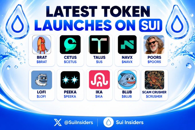 A graphic titled "LATEST TOKEN LAUNCHES ON SUI" showcases ten featured tokens in a grid, displaying their logos and tickers: $BRAT, $CETUS, $US (Talus), $NAVX, $POORS, $LOFI, $PEEKA, $IKA, $BLUB, and $CRUSHER. The post highlights these Sui ecosystem launches by tagging the respective projects including @CetusProtocol, @Talus_Labs, and @navi_protocol, reinforcing the image's showcase of new Sui-based cryptocurrencies.