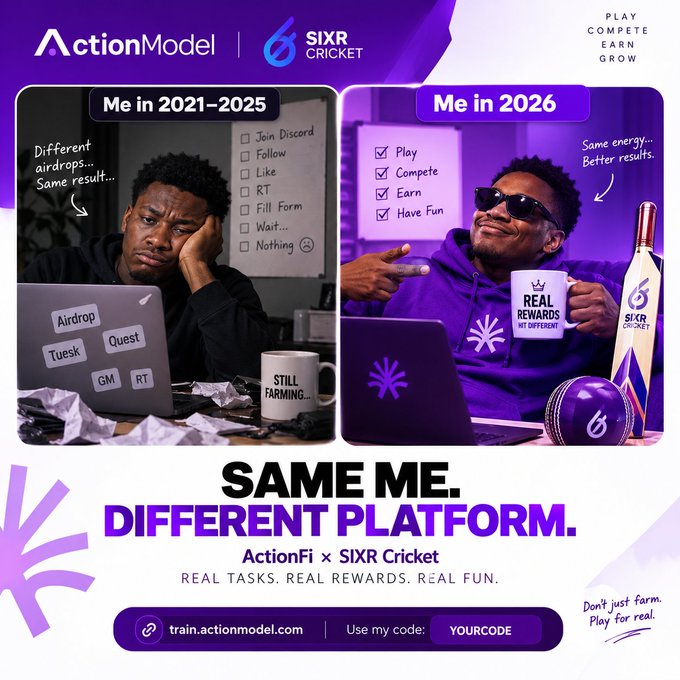 A promotional advertisement for ActionModel x SIXR Cricket featuring a 'Me in 2021-2025 vs Me in 2026' comparison with the headline 'SAME ME. DIFFERENT PLATFORM.' and website train.actionmodel.com.