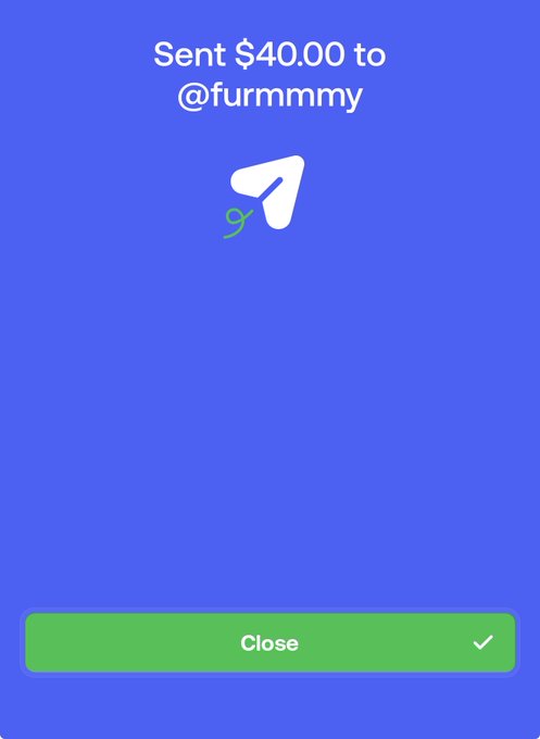 A confirmation screen showing "Sent $40.00 to @furmmmy" with a green Close button, confirming the giveaway prize was successfully transferred via FOMO to the winner.