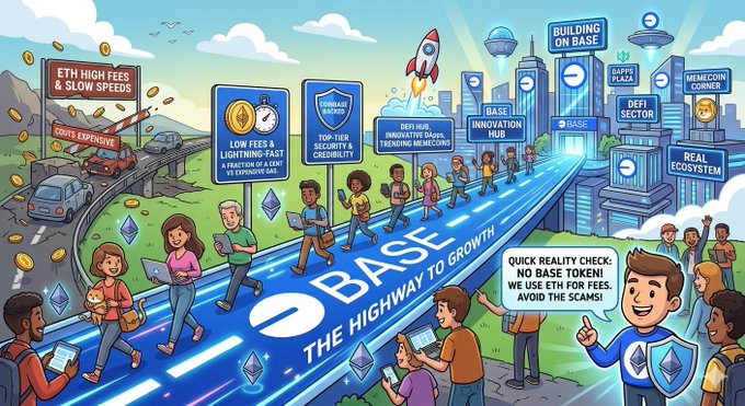 The image features a cartoon depiction of people walking along a blue highway with various signs and logos for Bitcoin and Etherium. The text in the image reads "Good afternoon all ex friend. Let's talk about why everyone is moving to @base right now. First off, the transaction fees are practically zero—we are talking a literal fraction of a cent compared to Ethereum' s high gas fees". This message seems to be promoting Bitcoin and Etherium as more efficient and cost-effective alternatives for online transactions. The image also includes a graphic representation of a rocket ship flying over a city skyline, which could symbolize the growth and expansion of these digital assets in the market.