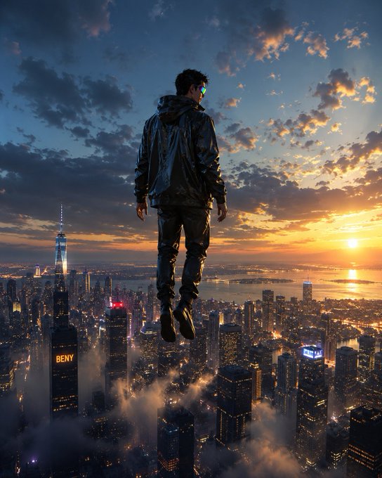 A person in a black jacket and jeans appears to be floating or hovering above a city skyline at sunset, with one building displaying 'BENY' in yellow lights.