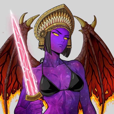A digital illustration of a purple-skinned demon or succubus character with glowing yellow eyes, horns, dark wings, a golden crown, and a black bikini top, wielding a glowing pink energy sword amidst flames.