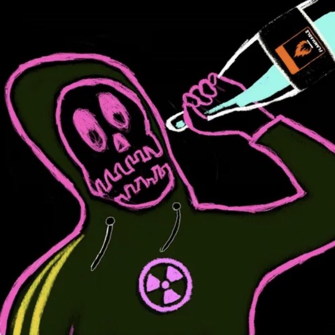 A neon-style digital drawing of a grim reaper figure with a pink skull face and green hooded robe holding a microphone, against a black background.