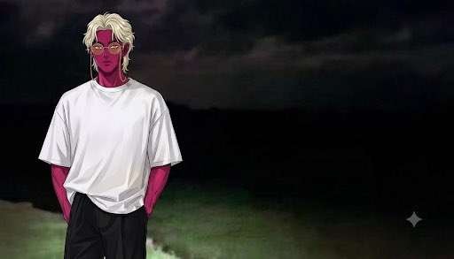 An anime-style character with pink skin, blonde hair, and glasses, wearing a white t-shirt and black pants, standing against a dark background.