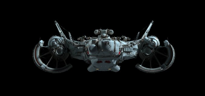 A futuristic spacecraft with twin rotating ring engines and intricate mechanical detailing is displayed against a black background, its sleek gray hull and weapon-like protrusions emphasizing its sci-fi design. The "Spaceworthy." caption highlights the vessel's readiness for interstellar travel, matching its advanced, combat-capable appearance.