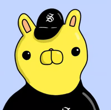 A cartoon illustration of a yellow character wearing a black cap and black shirt on a light blue background.