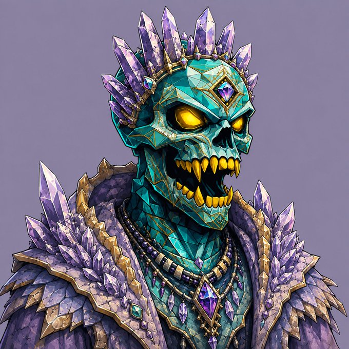 A fantasy illustration of a skeletal king wearing a crown of jagged purple crystals, with glowing yellow eyes and teal skin, adorned in crystal-encrusted armor.