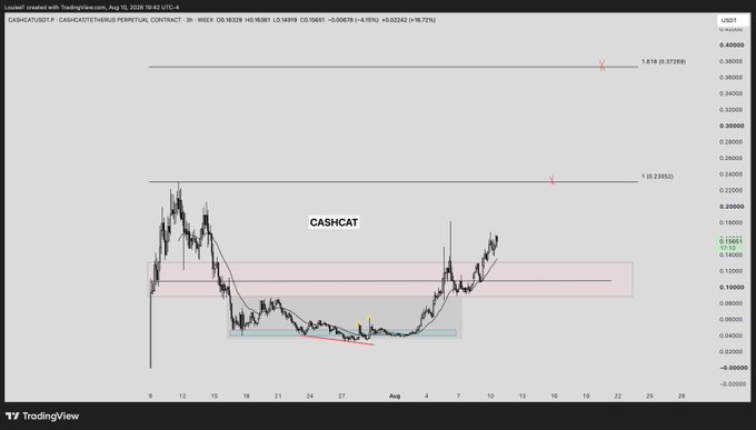A TradingView chart of the CASH/USDC perpetual contract on Coinbase displays the CASHCAT token trading around $0.1368, highlighting key resistance levels at 0.23652 (1) and 0.37389 (1.618) Fibonacci extensions on the 3-hour timeframe, supporting the post's bullish thesis of filling the Robinhood listing wick toward new all-time highs while holding the 90-100M support zone.