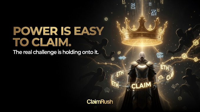 A dark promotional image for ClaimRush featuring the text 'POWER IS EASY TO CLAIM. The real challenge is holding onto it.' alongside an armored figure wearing a glowing crown surrounded by ETH tokens.