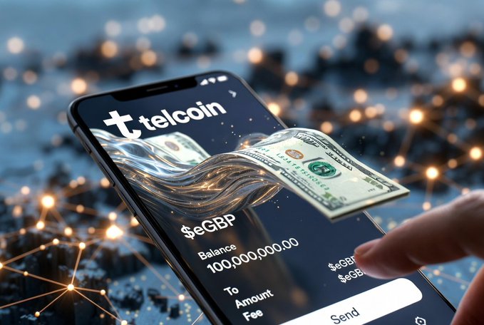 The image features a smartphone displaying an app called "Telcoin" with a $eGBP stablecoin listed as one of its offerings. The phone screen shows a money transfer process, where a person's finger is pointing at the screen while a bill is being paid using the stablecoin. This highlights Telcoin's focus on providing users with real-time utility and convenience in the form of digital currency payments.