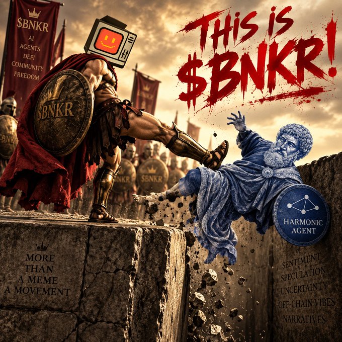 A dramatic illustration with the text 'THIS IS $BNKR!' depicting a Spartan-like warrior with a monitor for a head kicking a blue 'HARMONIC AGENT' figure, with text like '$BNKR AI AGENTS DEFI COMMUNITY FREEDOM' and 'MORE THAN A MEME A MOVEMENT'.