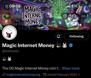 The image shows a Twitter profile for "Magic Internet Money" (@mimcoin), featuring an animated cover of a rabbit magician using a laptop to pull money from a portal, with the display name referencing "Magic Internet Money." The post addresses the confusion between multiple projects using the "Magic Internet Money" name, noting that the original MIMcoin from 2014 has been revived on Solana, which aligns with the profile showing the original account joined in February 2014.