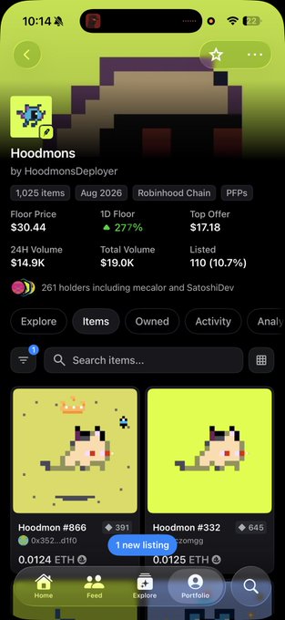 A screenshot of the OpenSea mobile app showing the "Hoodmons" collection by HoodmonsDeployer, featuring 1,025 items on the Robinhood Chain with a floor price of $30.44 (277% increase) and 14.9K ETH 24H volume. The page displays pixel-art creature items like "Hoodmon #866" listed at 0.0124 ETH, fitting the "Cool" caption with its quirky, nostalgic NFT art style.