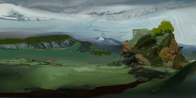 A digital painting depicting a vast mountainous landscape with a rocky outcrop in the foreground and snow-capped peaks in the distance under a cloudy sky.