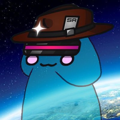 A cute blue blob character wearing a brown hat with an "SR" badge and pink visor floats above Earth in space. The meme plays on the post's text about Zubic being a "big P enjoyooor," likely celebrating his love of P-related content with a wholesome, space-themed mascot.