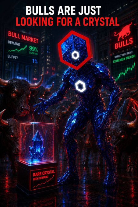 A dramatic promotional image with the text 'BULLS ARE JUST LOOKING FOR A CRYSTAL' showing a blue crystal-headed figure surrounded by bulls, with 'BULL MARKET' and 'BULLS' screens displaying 99% demand and 1% supply.