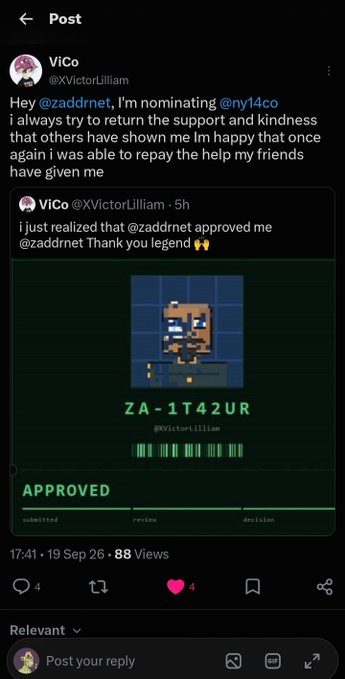 A screenshot of a post by user 'ViCo' (@XVictorLilliam) that reads 'Hey @zaddnet, I'm nominating @ny14co. i always try to return the support and kindness that others have shown me...' above an image showing a pixel art character labeled 'ZA-1T42UR' with an 'APPROVED' status.
