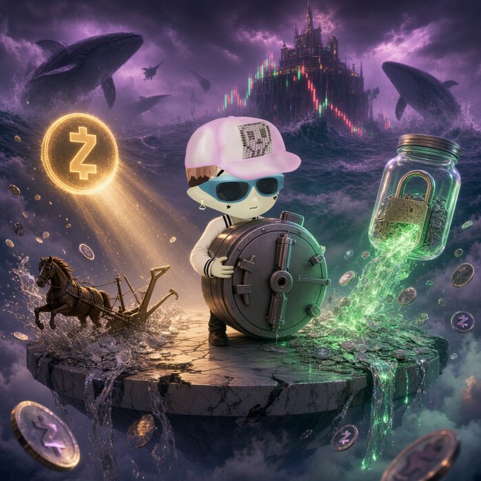 A stylized digital illustration shows a small cartoon character wearing a cap and sunglasses holding a vault door, surrounded by floating Zcash (Z) coins, a glowing padlock in a jar, and a fantasy cityscape with whales in the purple sky.