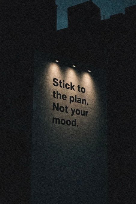 A dimly lit wall is illuminated by spotlights, revealing the motivational message "Stick to the plan. Not your mood."—a visual reinforcement of the post's advice to look past short-term market volatility and emotional reactions, recalling the original conviction behind the investment in Canton rather than letting temporary red candles dictate one's strategy.