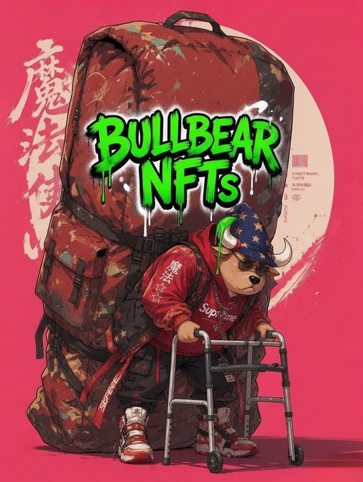The image features a cartoon bear wearing a backpack with the words "BullBearsNfts" written on it. The bear appears to be walking around, possibly carrying some heavy bags or equipment. There are also two other people visible in the background who seem to be involved in the scene.