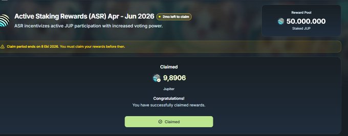 A 'Jupiter Active Staking Rewards (ASR) Apr - Jun 2026' dashboard showing a 50,000,000 JUP reward pool and a successful claim of 9.8906 JUP.