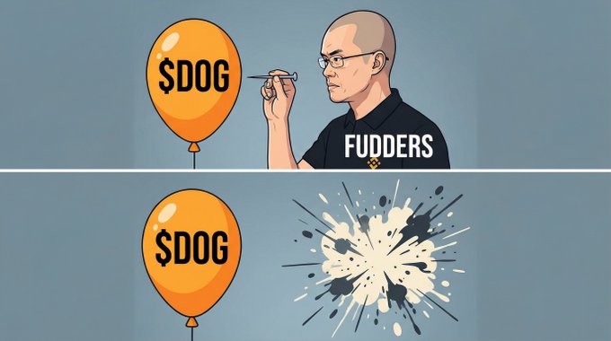 The image is a two-panel illustration showing a man labeled "FUDDERS" popping a "$DOG" balloon with a pin, while the balloon survives intact in the second panel alongside an explosion of black ink—symbolizing how attempts to spread FUD against $DOG fail to burst the token. This reinforces the post's call for Europeans to move funds from Binance to transparent exchanges like Kraken, framing $DOG as the resilient alternative amid FUD.