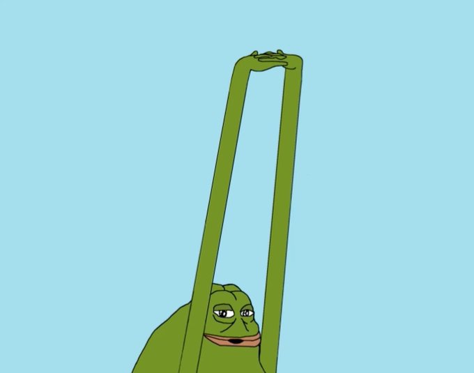 A digital illustration of the 'Gigachad' Pepe the Frog meme, featuring a muscular green frog with extremely long, stretched arms extending high into a light blue sky.